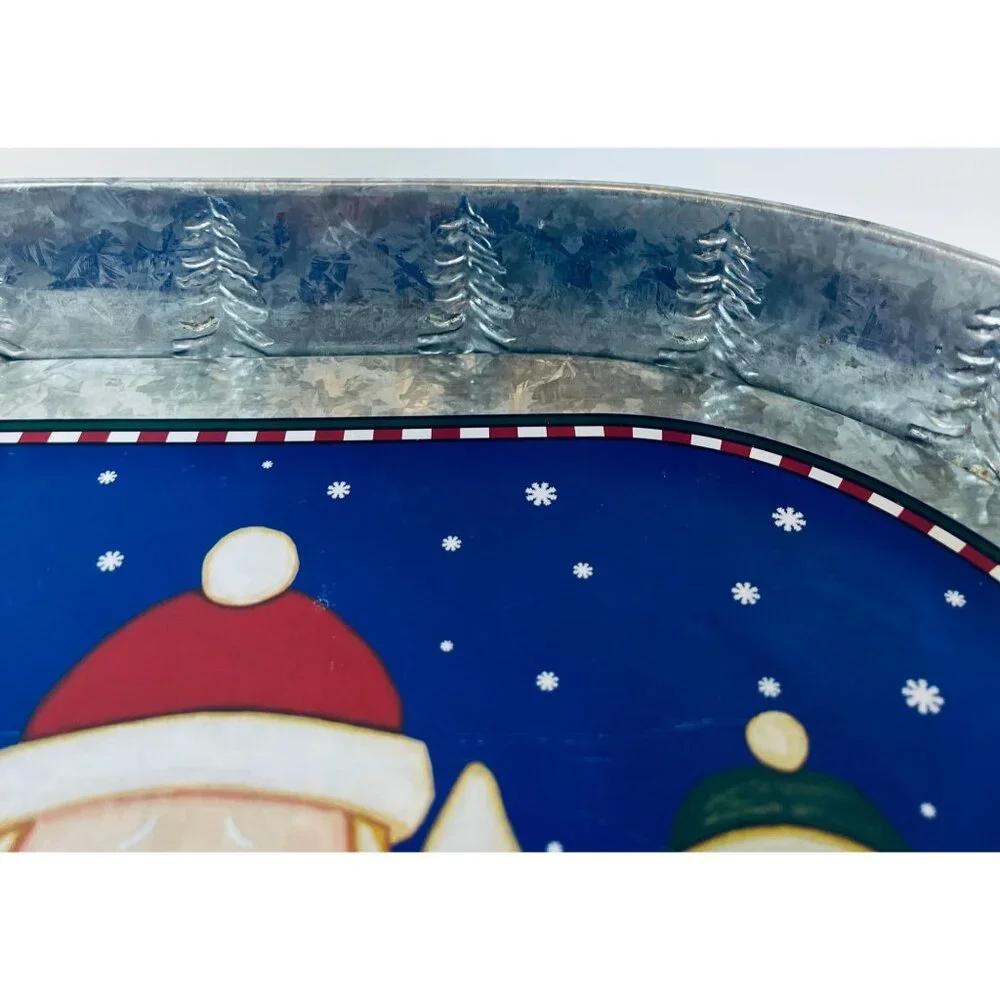 Galvanized Metal Christmas Serving Tray Santa & Friends Design 2